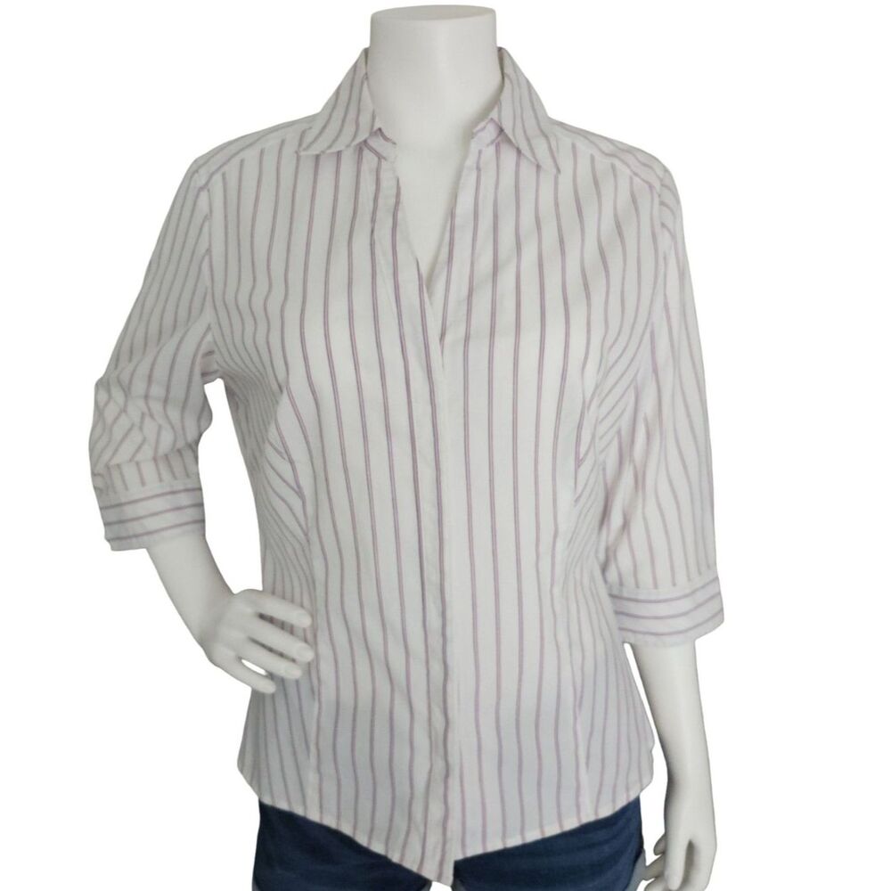 Riders by Lee Pink & White Striped 3/4 Sleeve Hidden Button Down Blouse
